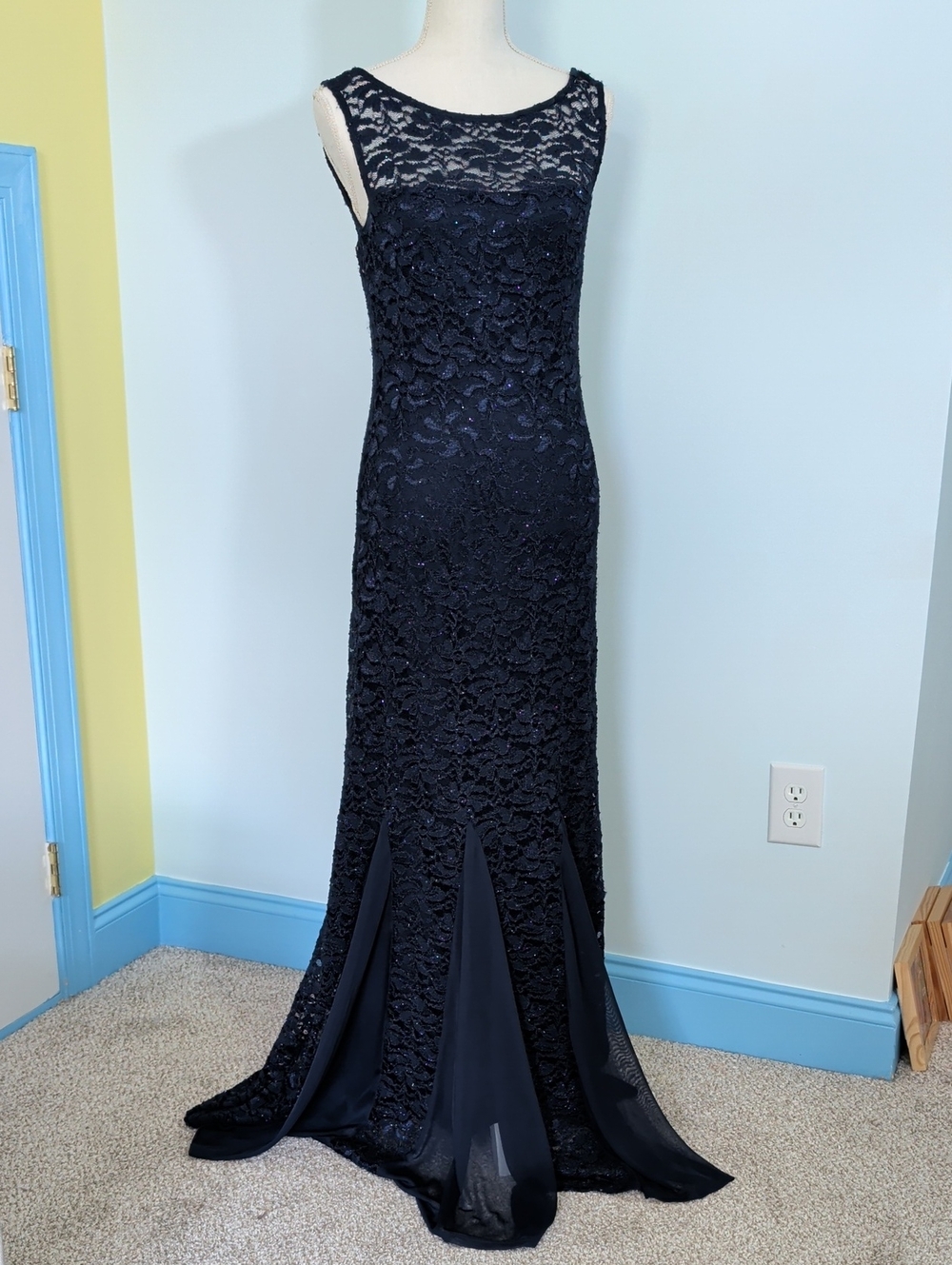 Onyx Nite Navy Lace and sparkle stretch Maxi Gown Romantic Wedding Guest Formal